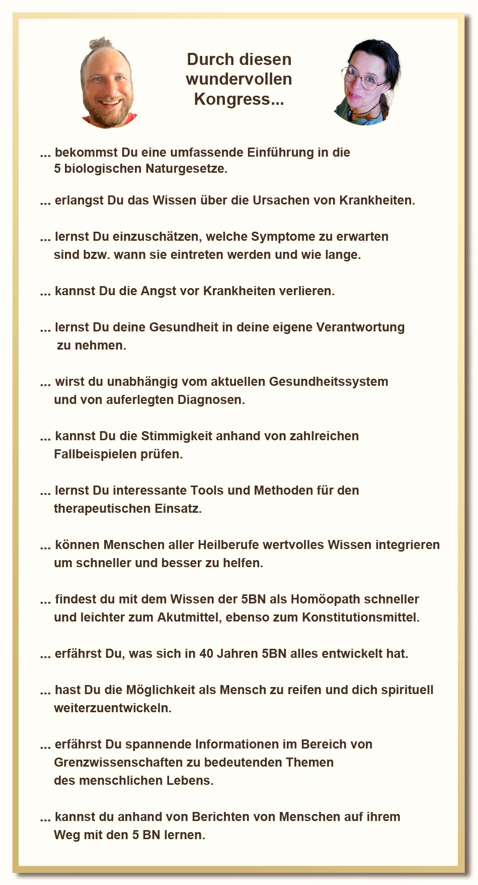 Übersichtsseite mit Moderatorenporträts und Aufzählung von Kongressinhalten, Rahmen in Creme-Gold