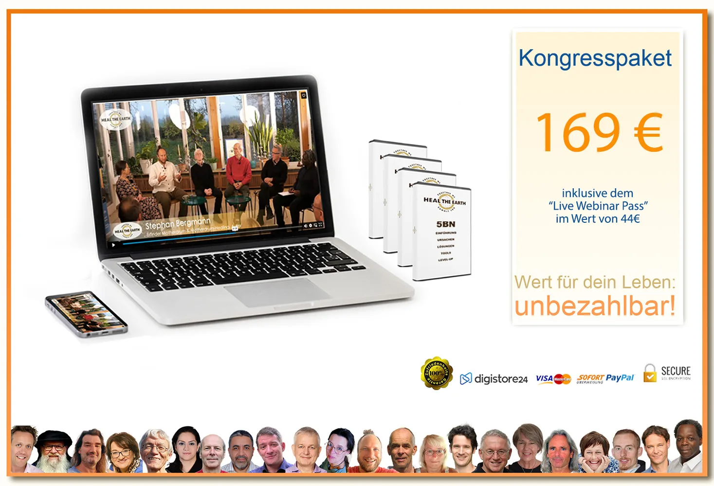 Angebots-Banner für Kongresspaket mit Laptop, Smartphone und Produktboxen, orange Rahmen, Preis 169€
