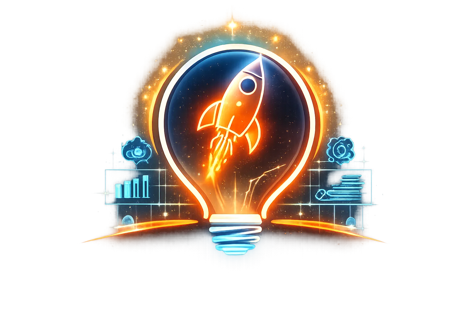 Hero-Grafik mit leuchtendem Glühbirnen-Raketen-Hybrid in gold-orange, umgeben von glitzernden Effekten und blauen Technik-Ico