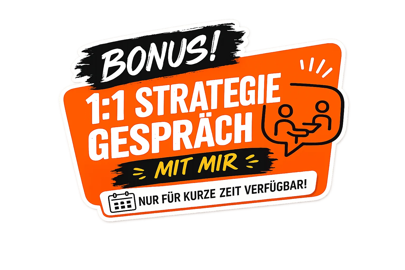 Bonus-Banner in Orange und Schwarz für 1:1 Strategiegespräch mit Begrenzungshinweis