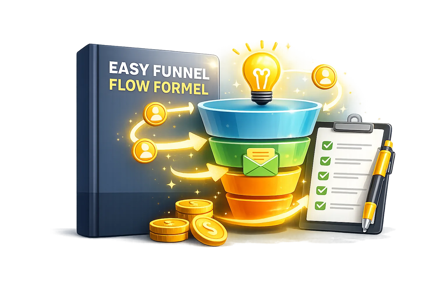 Produktabbildung Easy Funnel Flow Formel mit 3D-Buch, Trichter-Grafik, Glühbirne, Checkliste und Gold-Coins