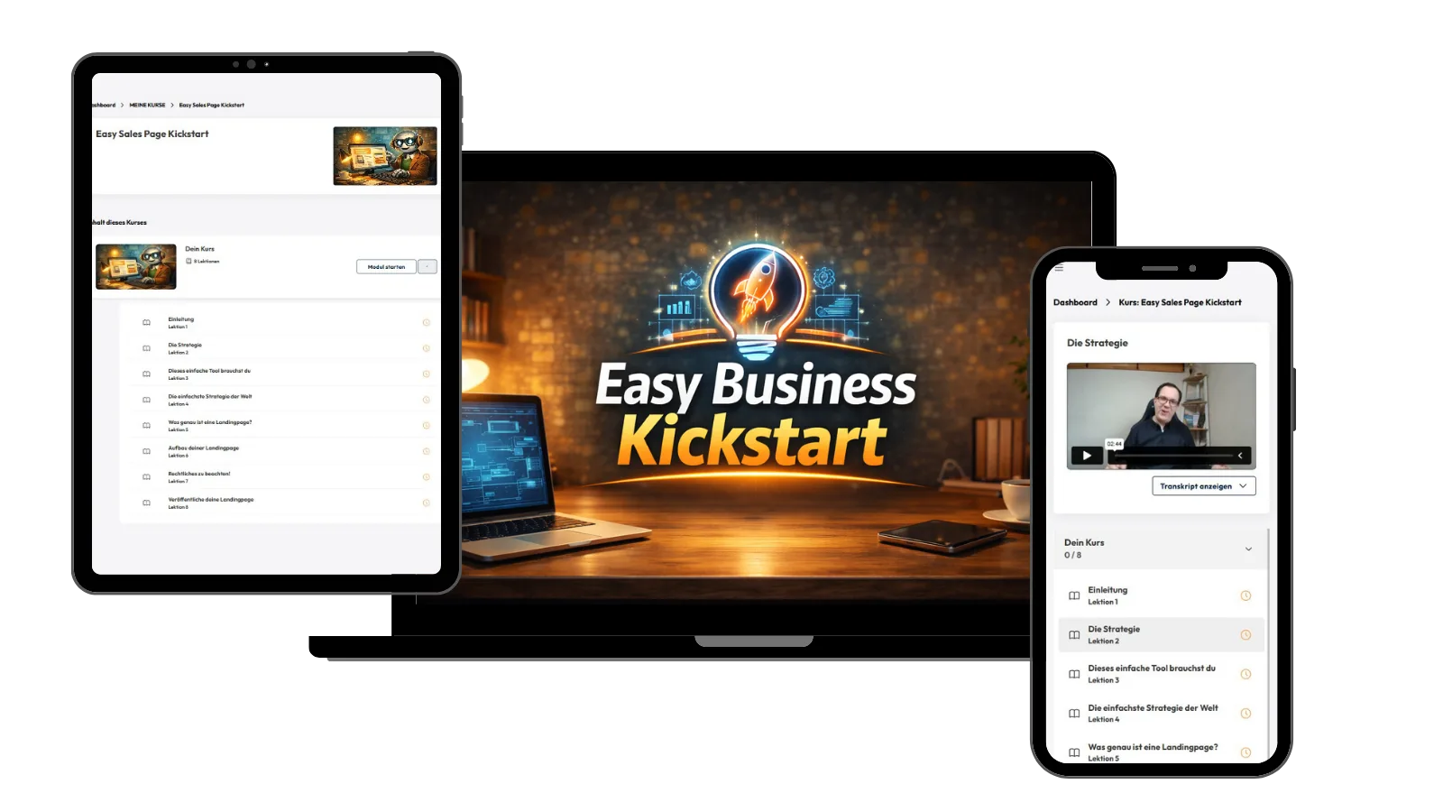 Mockup-Darstellung des Easy Sales Page Kickstart Kurses auf Tablet, Laptop und Smartphone mit zentralem Hero-Bild