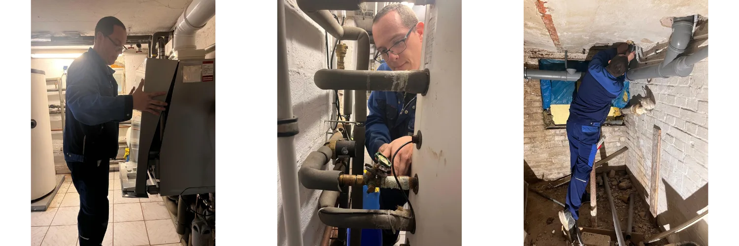 Matthias Schindler als Anlagenmechaniker in Arbeitskleidung bei verschiedenen handwerklichen Tätigkeiten