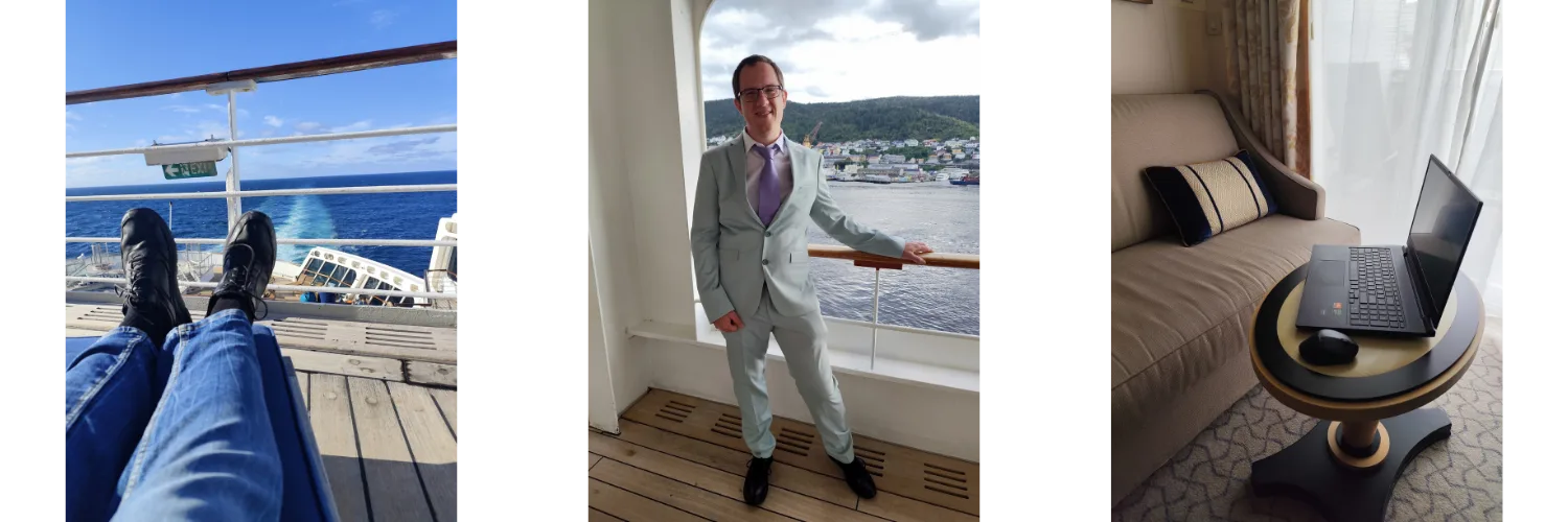 Matthias Schindler in verschiedenen Reisesituationen: auf einem Schiff, in formeller Kleidung am Meer, beim Arbeiten am Lapto