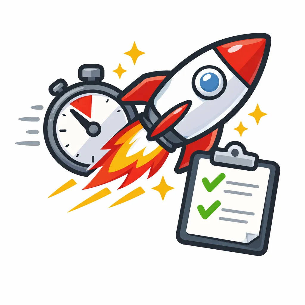 Rakete mit Timer, Checkliste und Sternen symbolisiert schnelle Umsetzung und Erfolg