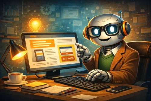 Cartoon-Robot mit Brille am Computer mit Glühbirnen- und Feuer-Symbolen für Affiliate-Provision