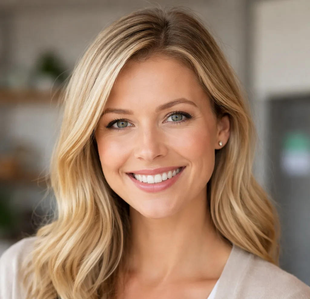 Porträt einer lächelnden Frau mit blondem Haar für Kundenstimme Sandra
