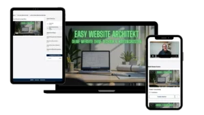 Mockup des Easy Website Architekt Kurses auf mehreren Geräten (Tablet, Desktop, Smartphone) mit grünem Titel und Laptop-Illus