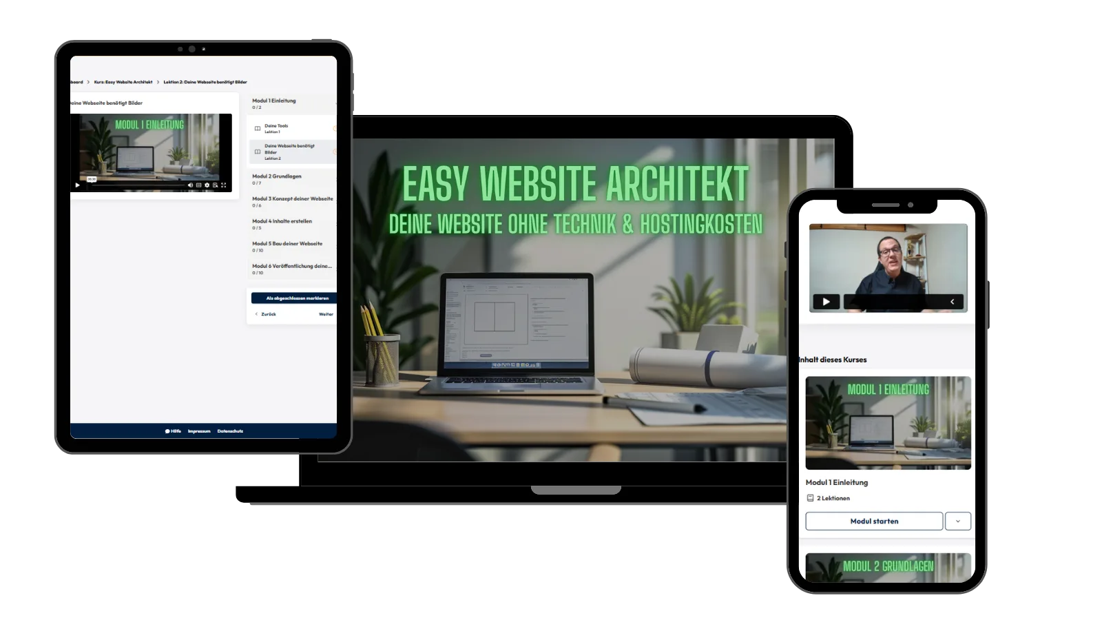 Easy Website Architekt – Videokurs für Internetauftritte 1 Mockup des Easy Website Architekt Kurses auf mehreren Geräten (Tablet, Desktop, Smartphone) mit grünem Titel und Laptop-Illus