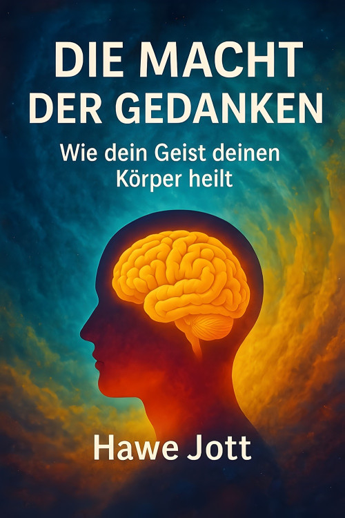 Cover Die Macht der Gedanken von Hawe Jott mit leuchtend gelbem Gehirn in Profilsilhouette