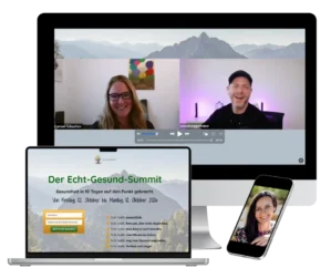 Mockup Echt-Gesund-Summit Oktober 2026, Monitor mit Videokonferenz, Laptop mit Anmeldeformular, Smartphone mit Teilnehmerin