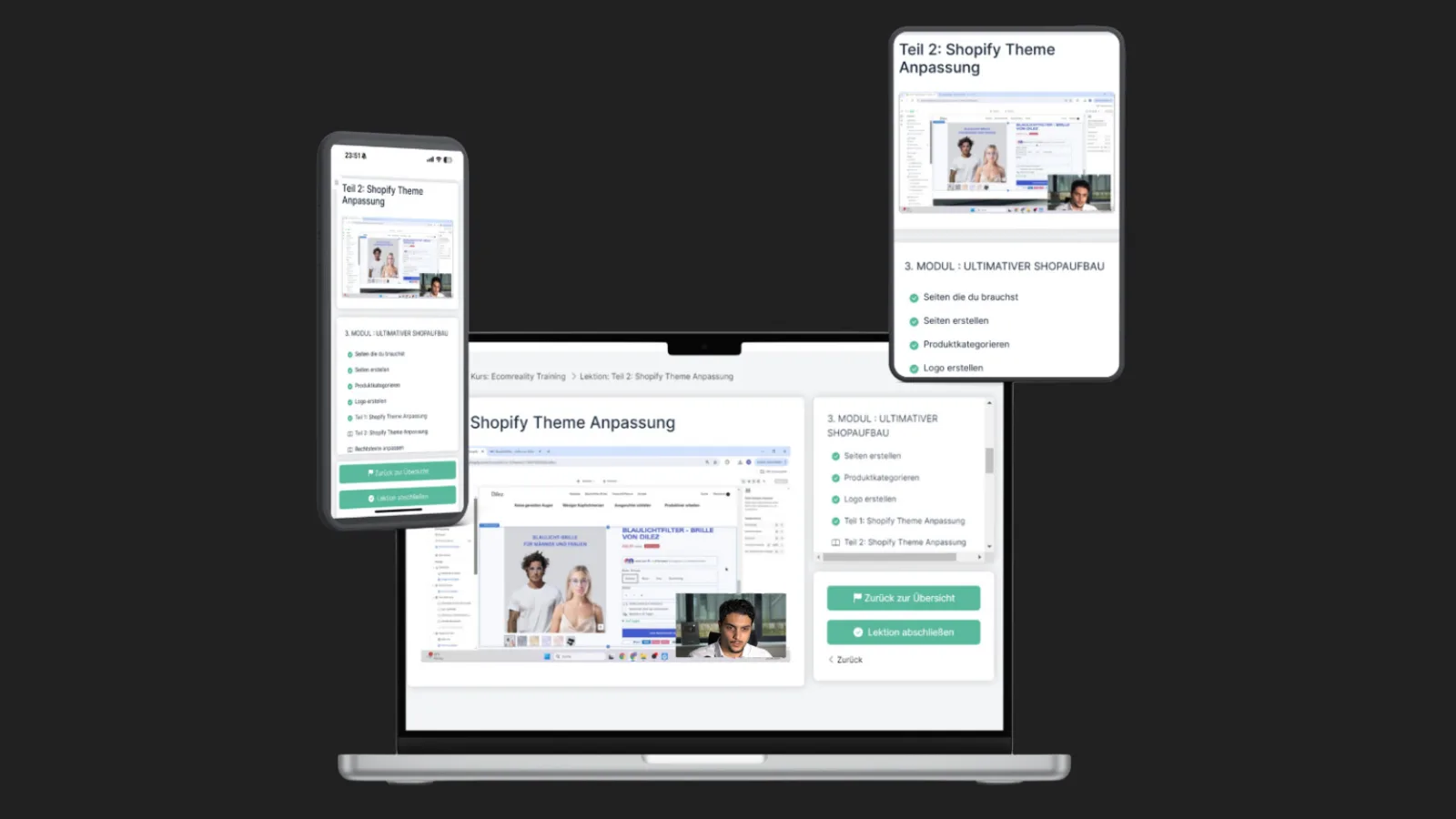 CopeCart Shopify Theme Anpassung Mockup auf Laptop, Tablet und Smartphone mit Schulungsinhalten