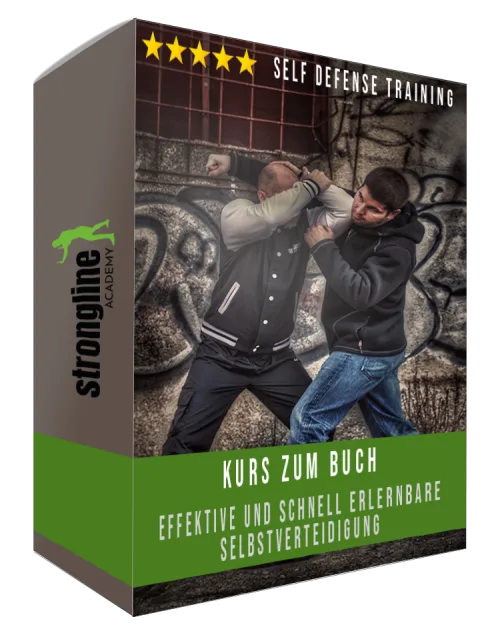 Effektive Selbstverteidigung – Videotraining zum Selbstschutz 1 Produktbox Videokurs zum Buch mit Self-Defense-Training Motiv und Strongline-Logo