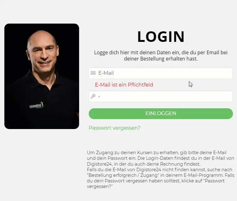 Effektive Selbstverteidigung – Videotraining zum Selbstschutz 7 Login-Seite Onlinekurs mit Portrait von Marcel Descy, E-Mail- und Passwort-Feld