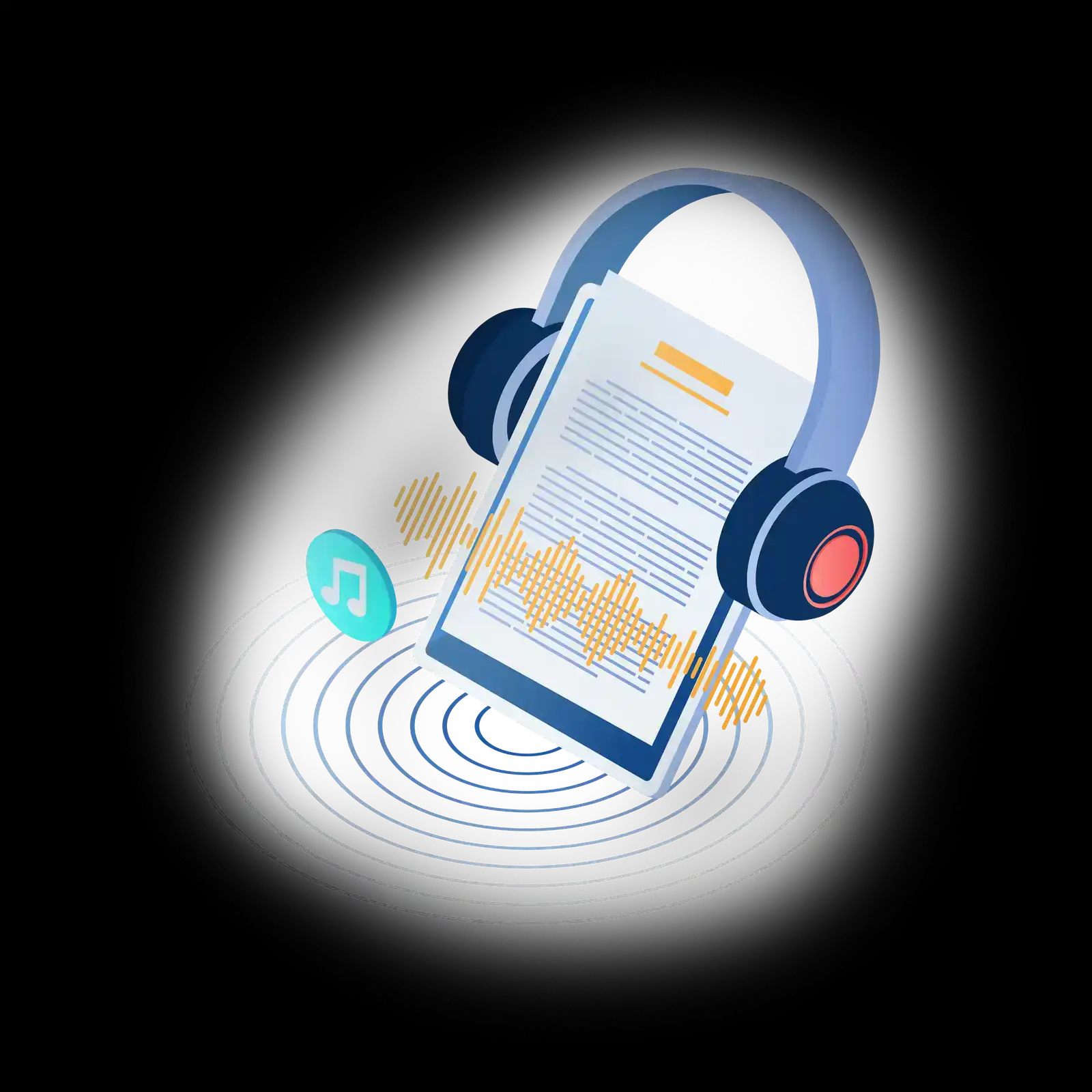Illustration: Smartphone mit Kopfhörern, Notenzeichen und Schallwellen auf schwarzem Hintergrund