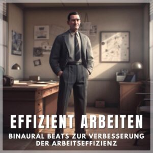 Mann im grauen Anzug in modernem Büro mit Schreibtisch und Wandbildern, Sonnenlicht durch Fenster