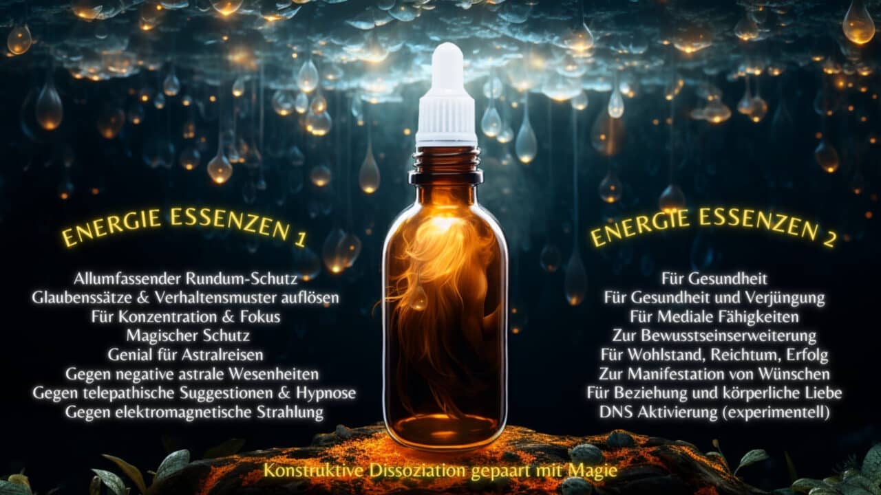 Energie Essenzen Flasche mit Beschreibungen von zwei Produktvarianten für Gesundheit und Schutz