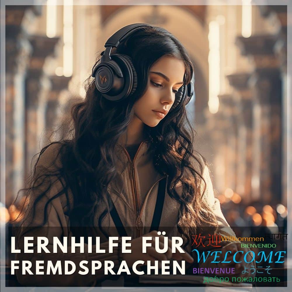 Frau mit Kopfhörern und langen Haaren, urban blurred background