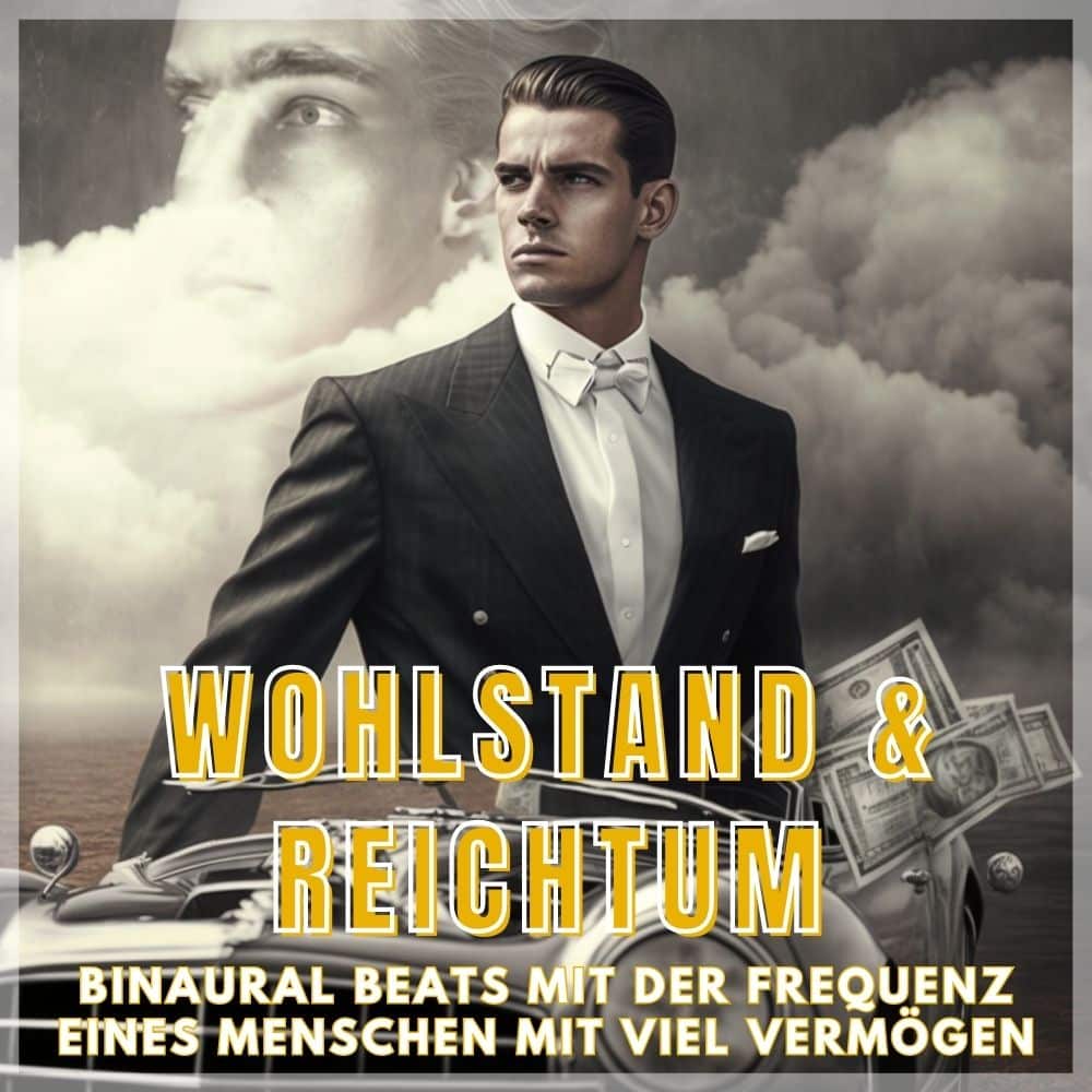 eleganter Mann im Anzug vor Wolkenhimmel mit Geldscheinen