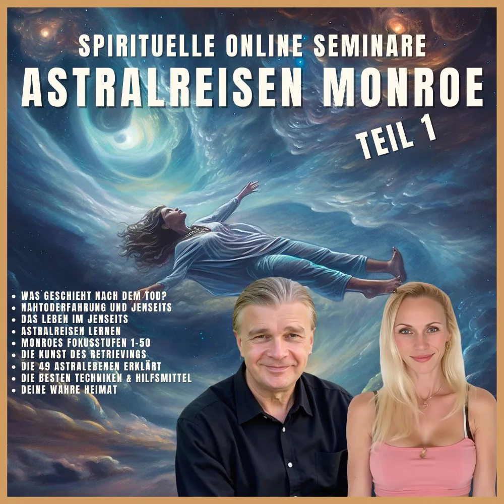 Mann und Frau vor kosmischer Landschaft mit schwebender Person