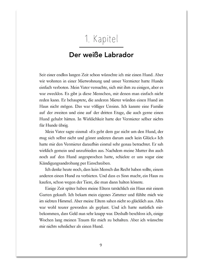 Buchseite Kapitel 1 "Der weiße Labrador" aus "Ein Hund namens Money"