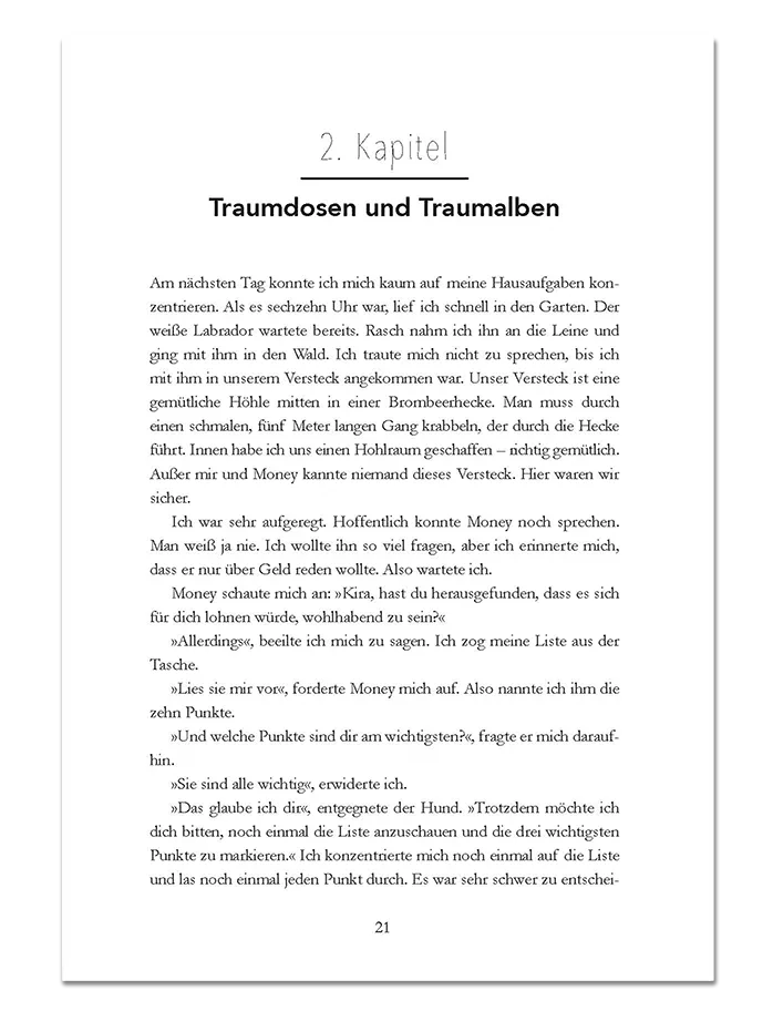 Buchseite Kapitel 2 "Traumdosen und Traumalben" aus "Ein Hund namens Money"