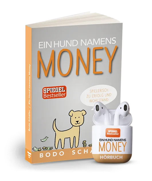 Buch- und Hörbuch-Bundle "Ein Hund namens Money" von Bodo Schäfer mit weißen Kopfhörern