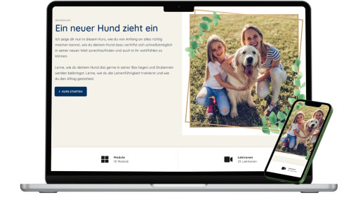 Mockup des Grundkurses "Ein neuer Hund zieht ein" von Désirée Scheller auf Laptop und Smartphone mit Familie und Hund im Foto