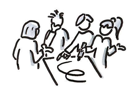 Illustration von fünf Personen, die gemeinsam an einer Flipchart visualisieren und diskutieren