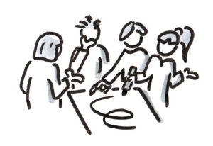 becomePro 3 Illustration von fünf Personen, die gemeinsam an einer Flipchart visualisieren und diskutieren
