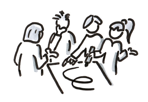 Illustration von fünf Personen, die gemeinsam an einer Flipchart visualisieren und diskutieren