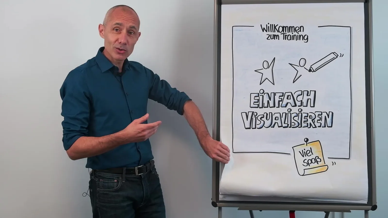 Jörg Schmidt erklärt neben Flipchart mit Willkommen zum Training und Visualisierungen