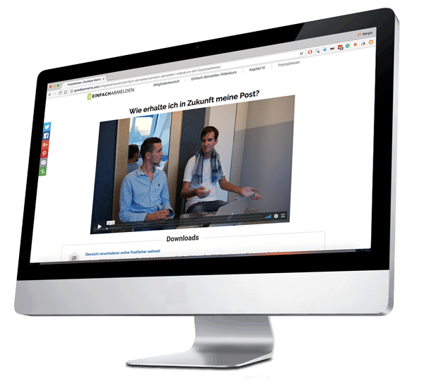 Website-Screenshot zur Postadresse mit Video von zwei Personen im Gespräch