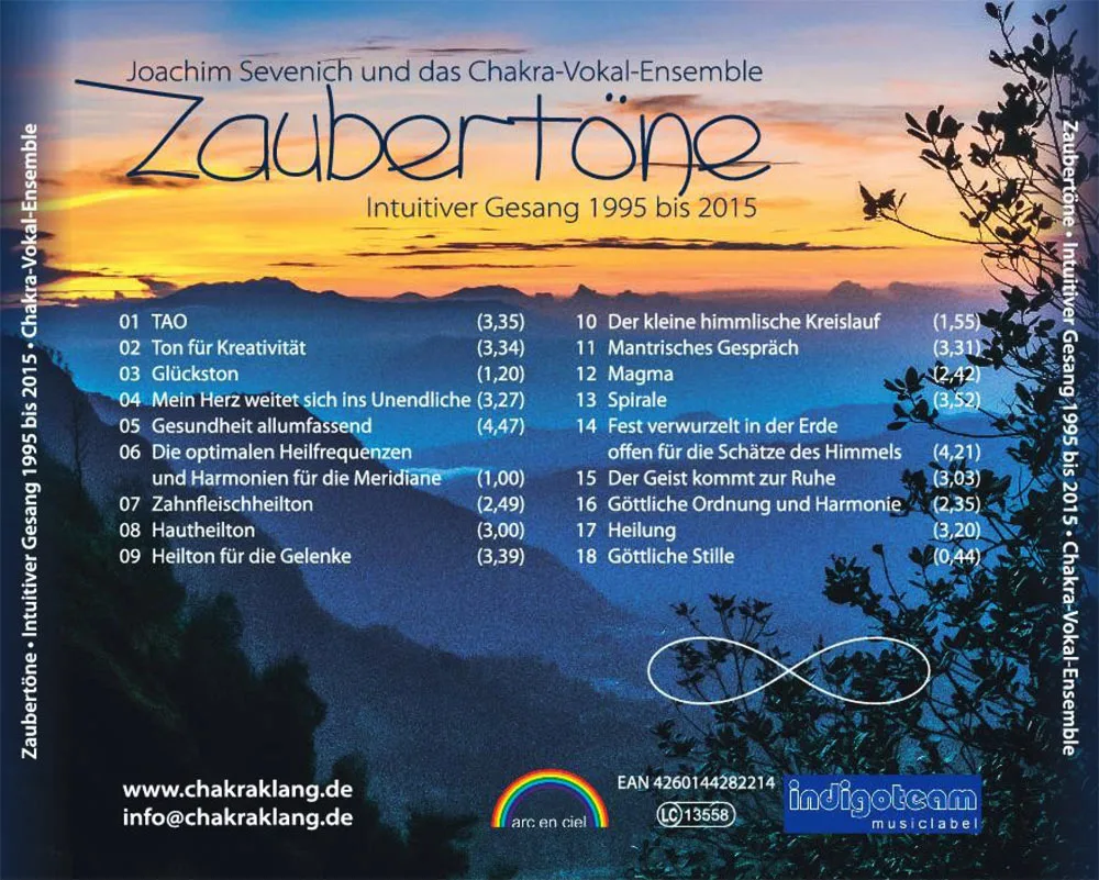 Einhandrute Kaivalya – Rute für Radiästhesie von Joachim Sevenich 5 CD-Inlay Zaubertöne mit Sonnenuntergang, Tracklist und Kontaktdaten