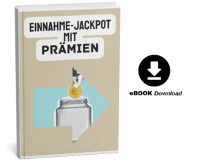 E-Book-Cover mit Titel Einnahme-Jackpot mit Prämien, Sparschwein-Illustration und Download-Symbol