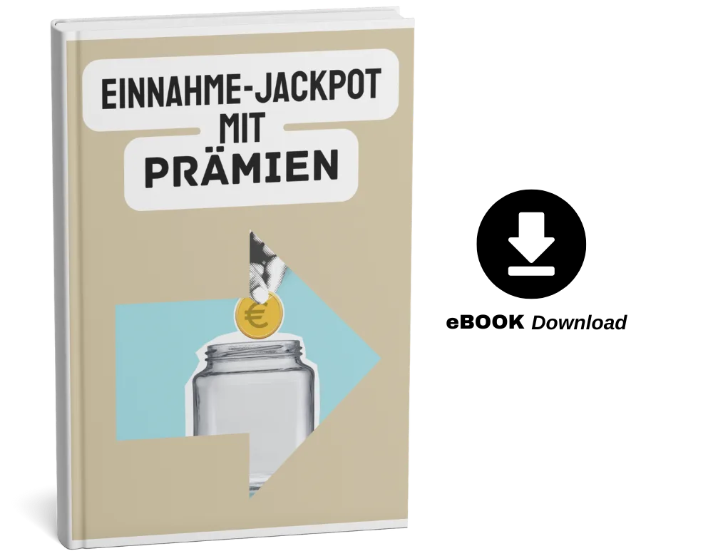 E-Book-Cover mit Titel Einnahme-Jackpot mit Prämien, Sparschwein-Illustration und Download-Symbol