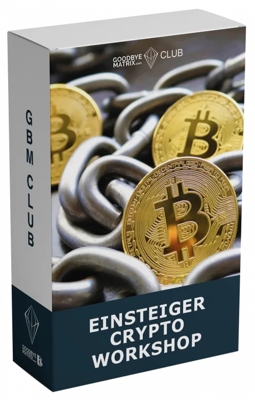Produktbox Einsteiger Crypto Workshop von GoodbyeMatrix mit Bitcoin-Münzen und Kette