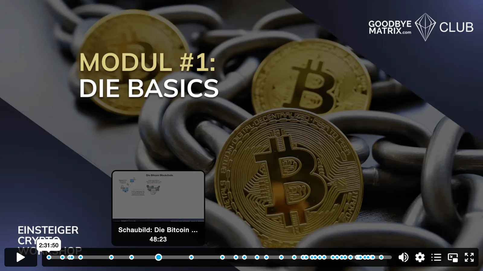 Screenshot Modul 1 mit Bitcoin-Münzen und Kurs-Interface, Titel Die Basics, Laufzeit 2:31:50
