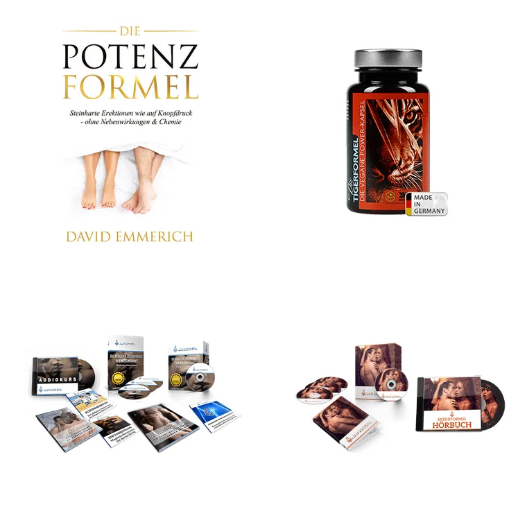 Produktwelt Männermehrwert mit PotenzFormel Buch, TigerFormel Dose, Audiokurse und Hörbücher
