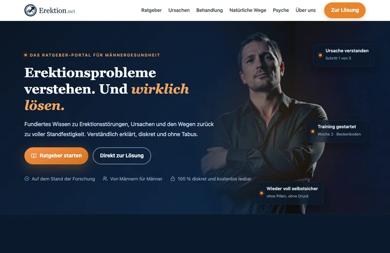 Erektion.net Ratgeber-Portal Screenshot mit Mann und Überschrift zu Erektionsproblemen