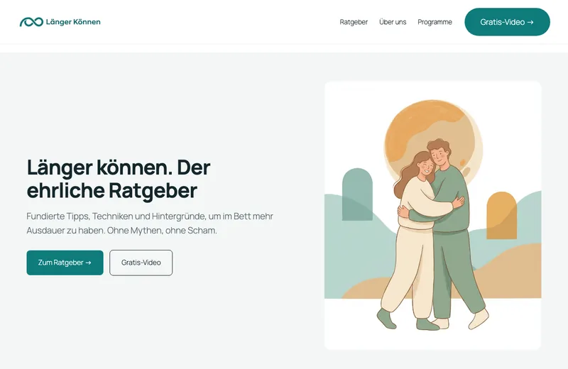 Länger Können Ratgeber Website mit illustriertem Paar und Gratis-Video Angebot