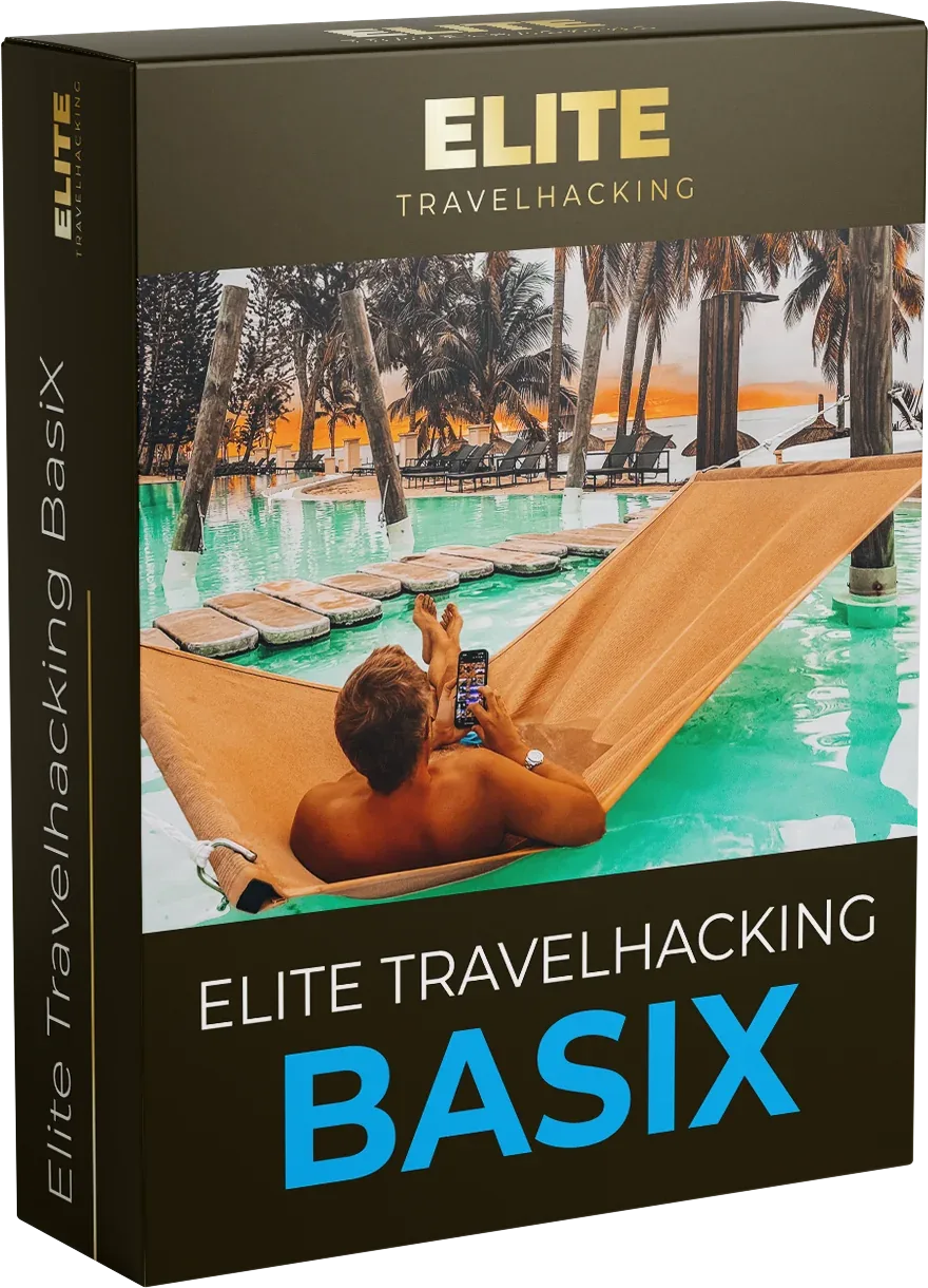 Elite Travelhacking Basix Box mit Person in Hängematte am Pool