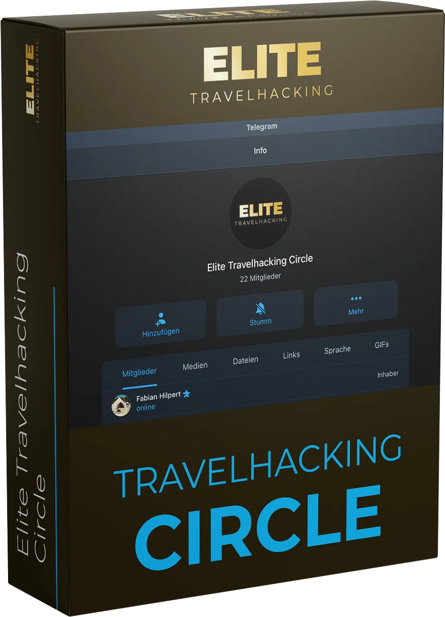 Produktbox Elite Travelhacking Circle mit Telegram-Community-Screenshot und Mitgliederliste