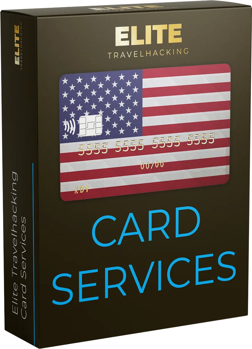Produktbox Elite Travelhacking Card Services mit US-Flaggen-Kreditkarte auf dunkelbraun