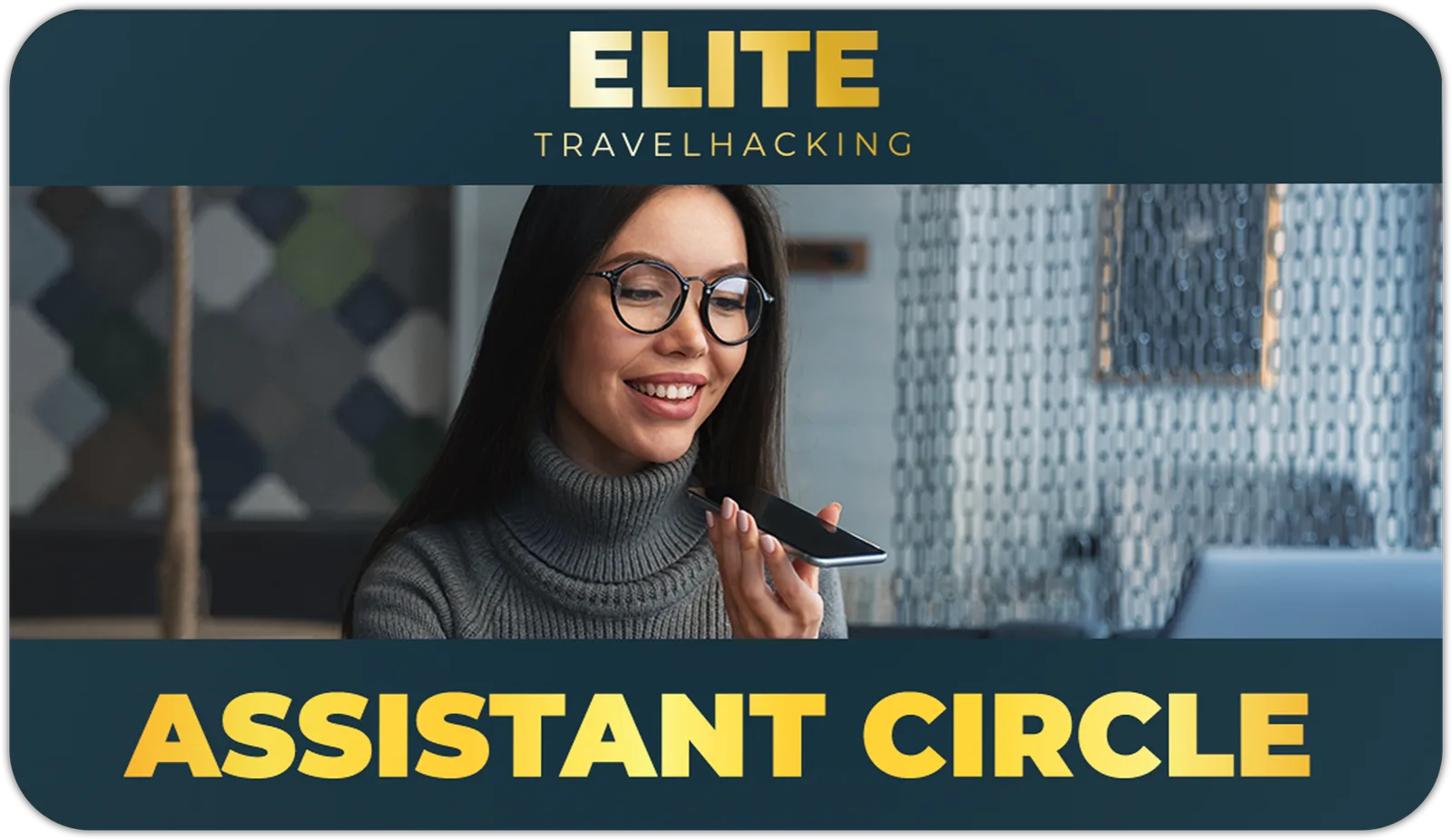 Elite Travelhacking Deluxe Bundle von Fabian Hilpert 12 Member-Karte Assistant Circle mit Frau in Brille und urbaner Skyline