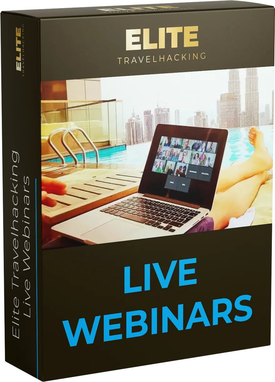 Elite Travelhacking Live Webinars Produktbox mit Laptop-Ansicht