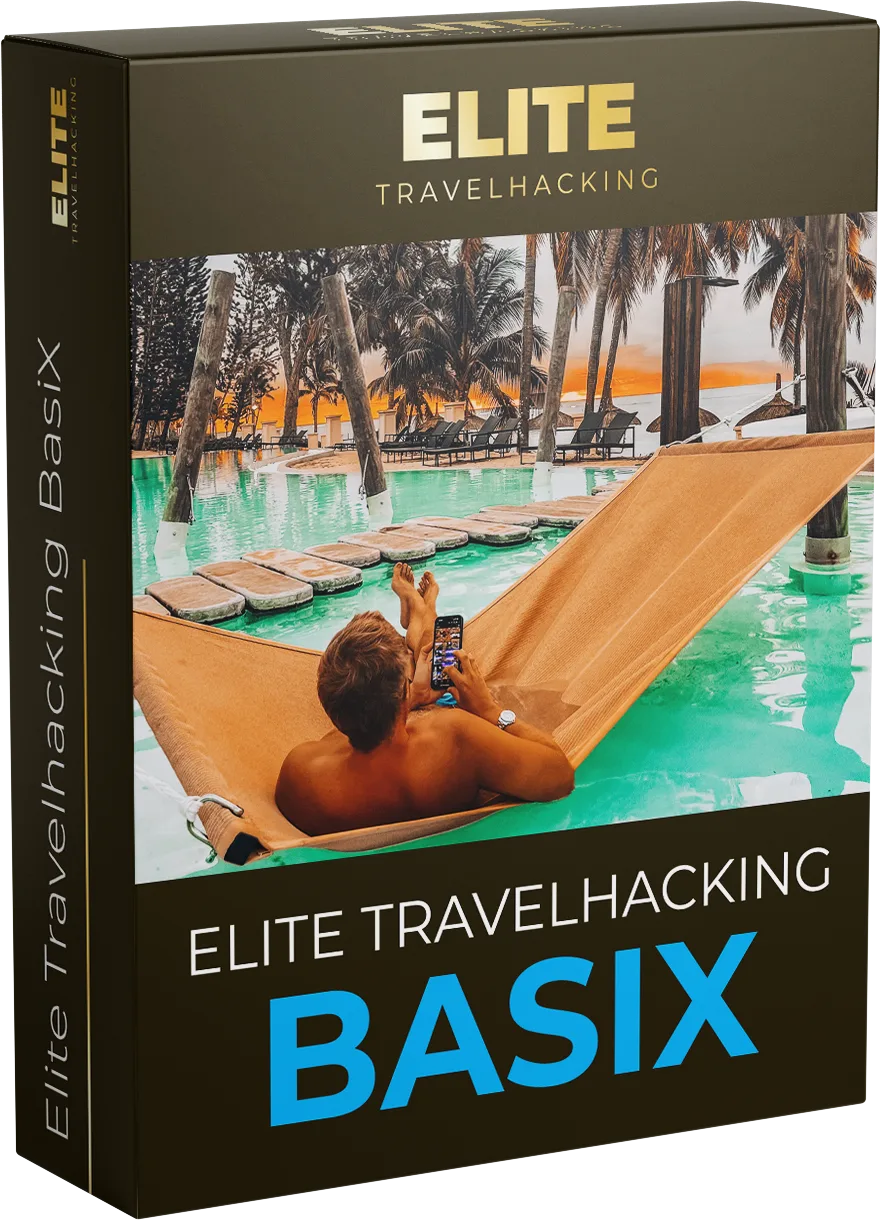 Elite Travelhacking Basix Produktbox mit Mann im Pool am Strand