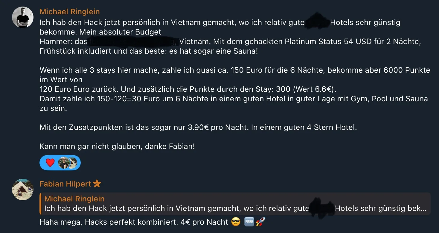 Kundenstimme von Michael Ringlein über erfolgreichen Hotel-Hack in Vietnam mit Suite für 54 USD