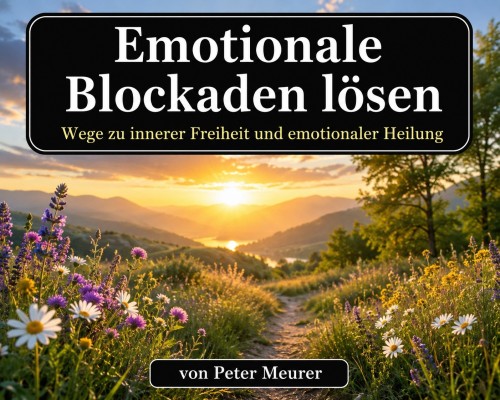 E-Book Cover Emotionale Blockaden lösen von Peter Meurer mit Berglandschaft bei Sonnenaufgang und Blumenwiese