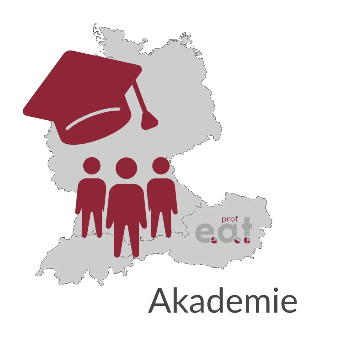 Prof e.a.t. Akademie Deutschlandkarte mit Absolventenhut, Personen und Logo